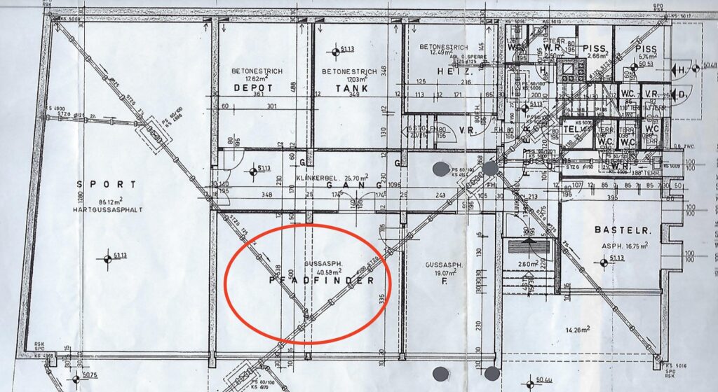 Bauplan vom Pfarrheim Penzing aus dem Jahr 1969 mit Platz für Pfadfindergruppe 38 Penzing